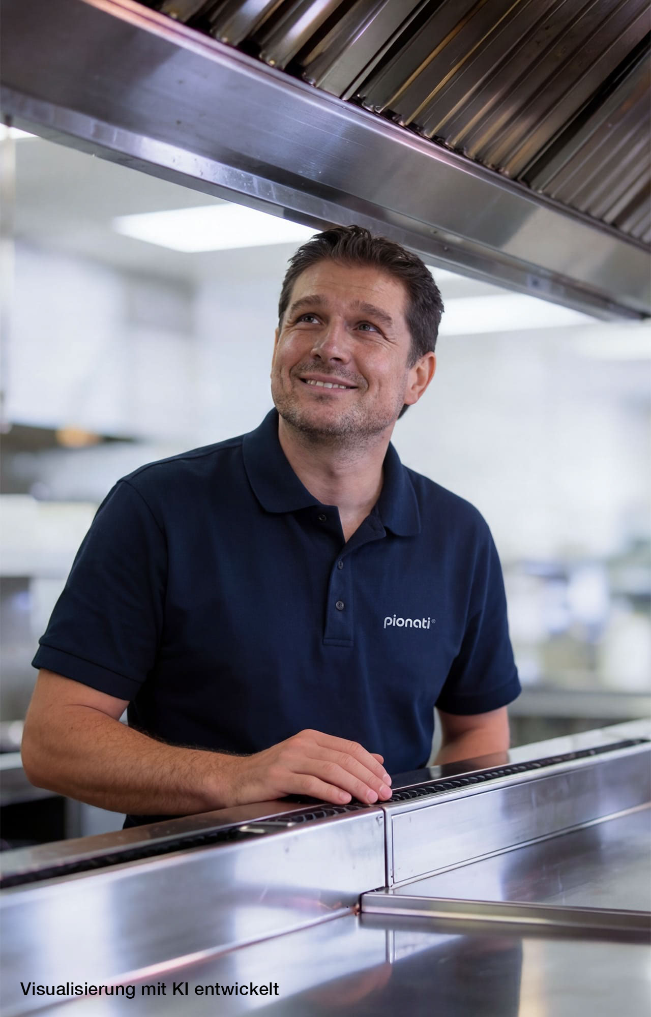 Pionati Mitarbeiter in dunkelblauem Poloshirt